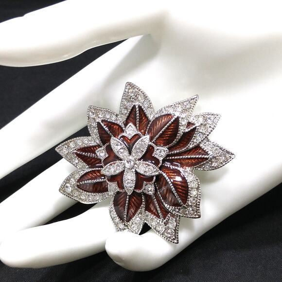 Vintage Monet Bronze Enamel Flower Brooch, Clear Pave Rhinestones - Picture 3 of 10